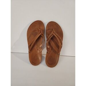 OluKai Ho'opio Leather Flip Flop Sandals Womens Brown Thong Strappy Casual